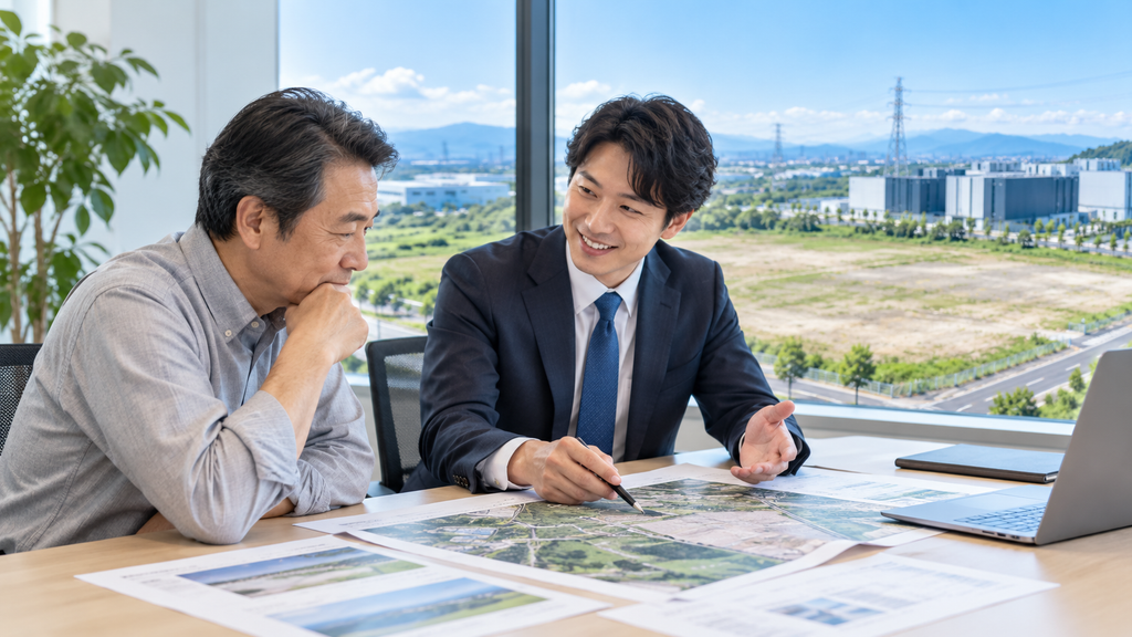 土地の図面を見ながら開発について相談するイメージ