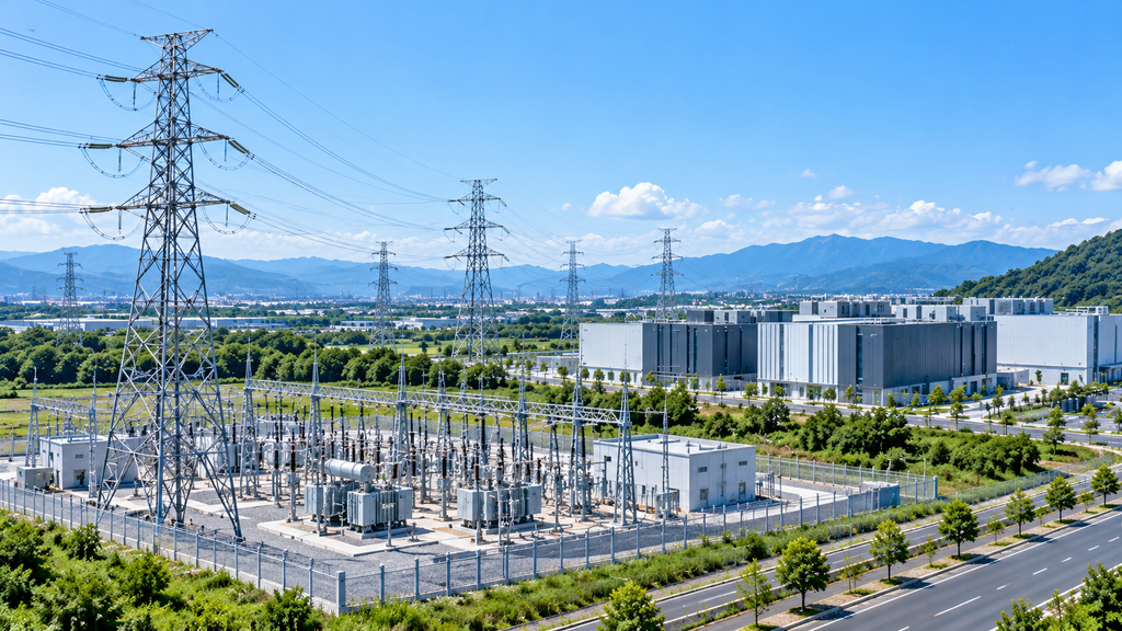 変電所や送電線とデータセンターのイメージ