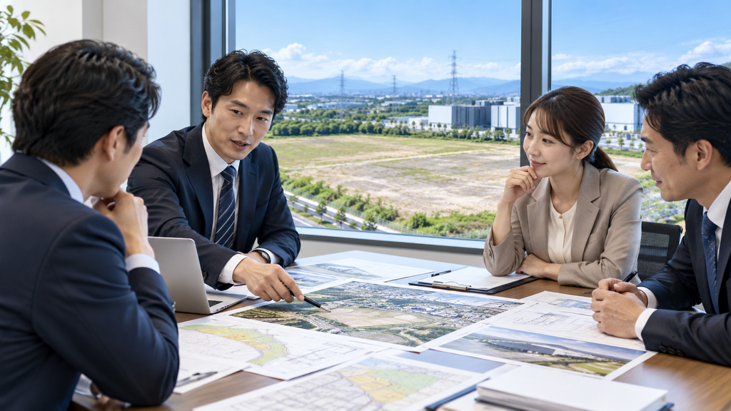 土地の開発計画について関係者が打ち合わせをするイメージ